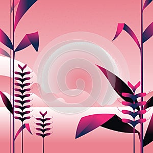 Landscape in pink and purple colors. mountains and nature in minimal style. Bushes, trees, flowers, leaves. Vector illustration