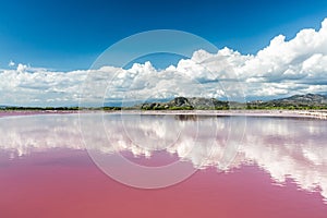 Landscape with Pink water salt lake in Dominican Republic