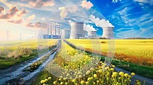 Landscape with pipes with steam at nuclear power plant near of field with flowers, green energy concept