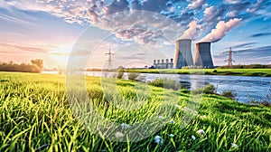 Landscape with pipes with steam at nuclear power plant near of green grass field and river, green energy concept