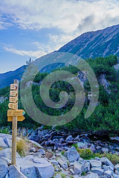 Landscape in Pirin National Park, with directional signs