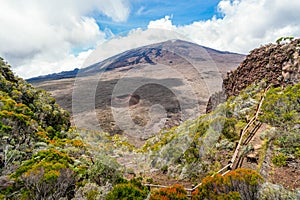 Landscape with Piton de la Fournaise volcano, National Park at Reunion Island