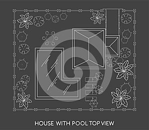 Landscape Plan of the house with swimming pool, furniture and trees in top view