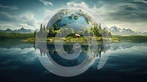 landscape with planet earth big trees and reflection in water