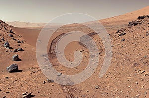 Landscape on Planet Mars. Rover after crossing a dune. Elements of this picture furnished by NASA