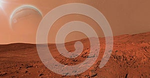 Landscape on planet Mars,scenic desert scene on the red planet.3d illustration.Red planet. Martian surface dust atmosphere.Earth-