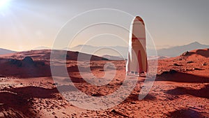 Landscape on planet Mars, spaceship landing on the red planet`s surface 3d space illustration