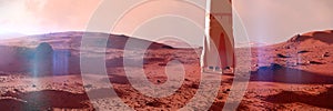 Landscape on planet Mars, spaceship landing on the red planet`s surface 3d space rendering banner