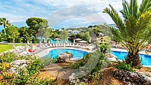 Landscape with pool on Cala Dor, Palma Mallorca island, Spain photo