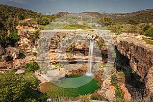 Landscape of the Portellada waterfall, from the Tastavins river, Matarrana region, Teruel province, Spain