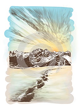 Landscape postcard depicting snowy mountain peaks at sunset