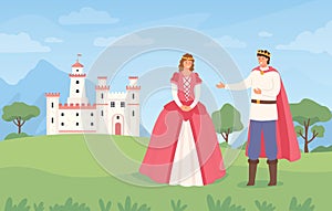 Landscape with prince and princess. Cartoon fairytale castle and characters. Fantasy magical kingdom, medieval european vector