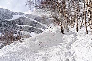 Landscape with Pyrenees Mountains in Andorra , Grandvalira ski area in El Tarter one winter day