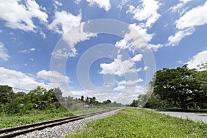 Landscape of railroad with clouds and blue sky background