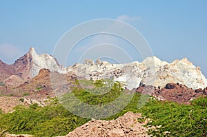 Landscape of rainbow mountains and salt domes in Hormuz Island