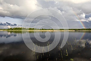 Landscape of rainbow over lake Seliger