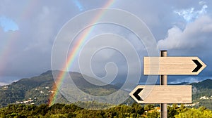 Landscape rainbow with signposts. Life direction metaphor.