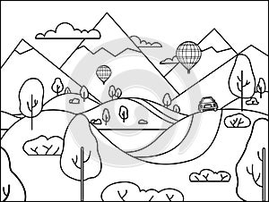 Landscape with a red car, hot air balloon and mountains for coloring book page; The car rides along the road in the hills, against