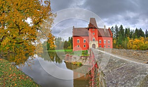 Landscape with Red /Cervena/ Lhota castle, Czech Republic photo