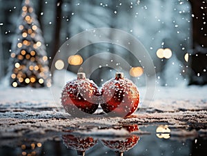 Landscape with red glittery snow-covered Christmas tree balls on the ground, reflected in water against a background of forest,