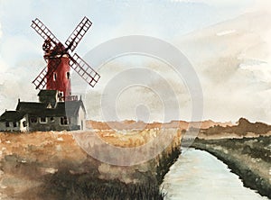 Landscape with red windmill and canal