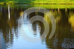 Landscape reflected in water.