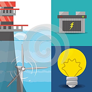 Landscape related with tidal energy, batery and bulb icon