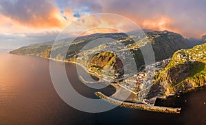 Landscape with Ribeira Brava town at sunset, Madeira island