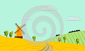 Landscape of ripe wheat field with a windmill, hills and sky. vector illustration in flat style