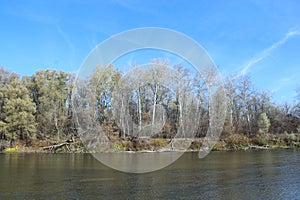 Landscape with river in autumn. Trees are reflected in water of river