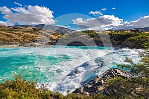 Landscape of river Baker valley with beautiful mountains view, Patagonia, Chile, South America