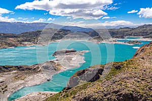 Landscape of river Baker valley with beautiful mountains view, Patagonia, Chile, South America