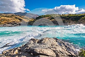 Landscape of river Baker valley with beautiful mountains view, Patagonia, Chile, South America