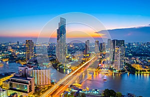 Landscape of river in Bangkok cityscape in night time