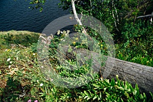 Landscape river cliff grass on the sky background