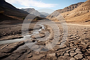 Landscape with river and dry land. Parched riverbed and water scarcity