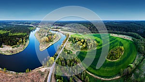 Landscape of river and field aerial panorama
