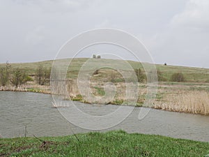 Landscape with a river and a field. Green grass. In the summer. Dull