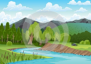 Landscape with river flowing through hills, scenic green fields, forest and mountains. Beautiful scene with river bank