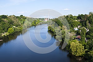 Landscape of the river from a height, beautiful view, from a high bridge.