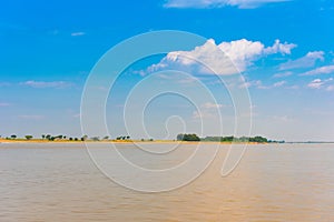 Landscape on the river Irrawaddy, Mandalay, Myanmar, Burma. Copy space for text.