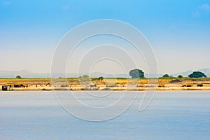 Landscape on the river Irrawaddy, Mandalay, Myanmar, Burma. Copy space for text.