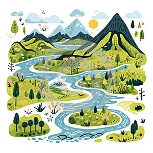 Landscape with river, mountains and forest. illustration in cartoon style. Generative AI