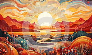 A Landscape With A River And Mountains And Sun, Abstract sun and desert landscape pattern