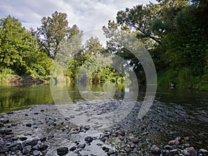 Landscape with river with rapids and flat surface with reflection, banks overgrown with greenery, riparian zone full of grass and