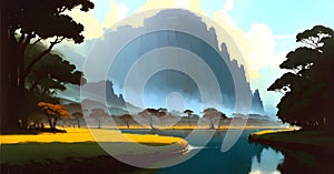 Landscape with river stream Forest creek in Digital painting background Generative AI