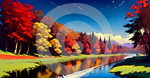 Landscape with river stream Forest creek in Digital painting background Generative AI