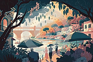 Landscape with a river, an umbrella and a couple in love