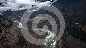 Landscape of a river in Yarlung Zangbo Grand Canyon on a gloomy cloudy day in Nyingchi, China