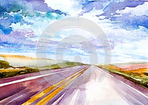 Landscape a road with a dividing yellow stripe in a prairie or plain. Watercolour.